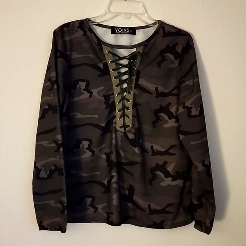 Yoins Yours Inspiration Camouflage Green Lace Tied Casual Top